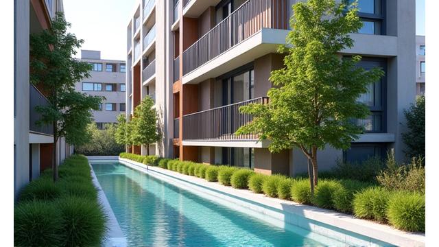 Billede af et moderne byggeri med synlige gråvandsgenvindingssystemer