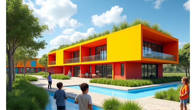 Billede af en skolebygning med grønne tage og regnvandsopsamlingssystem installeret